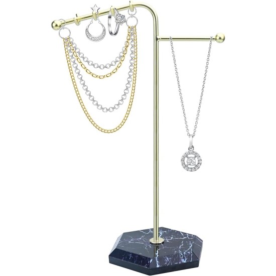Jewelry Stand Metal T Strip Jewelry Stand Earrings Pendant Necklace With Tray Marble Pattern For Bracelet Necklace Ring Earrings