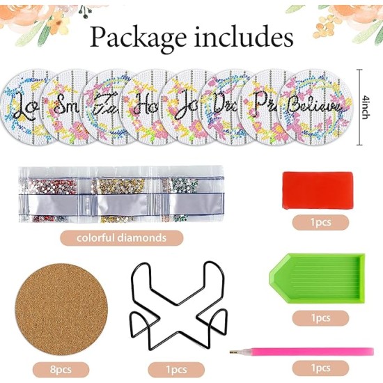 8 Pieces Inspirational Diamond Art Coaster Diamond Painting Coaster with Stand Coaster for beginners, adults, children, diamond art craft supplies